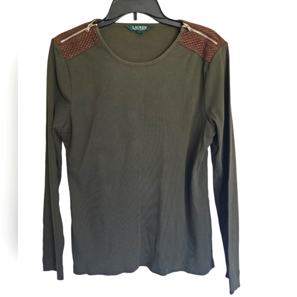 Lauren Ralph Lauren Dark Green Long Sleeve Top with Brown Suede Zipper Design XL